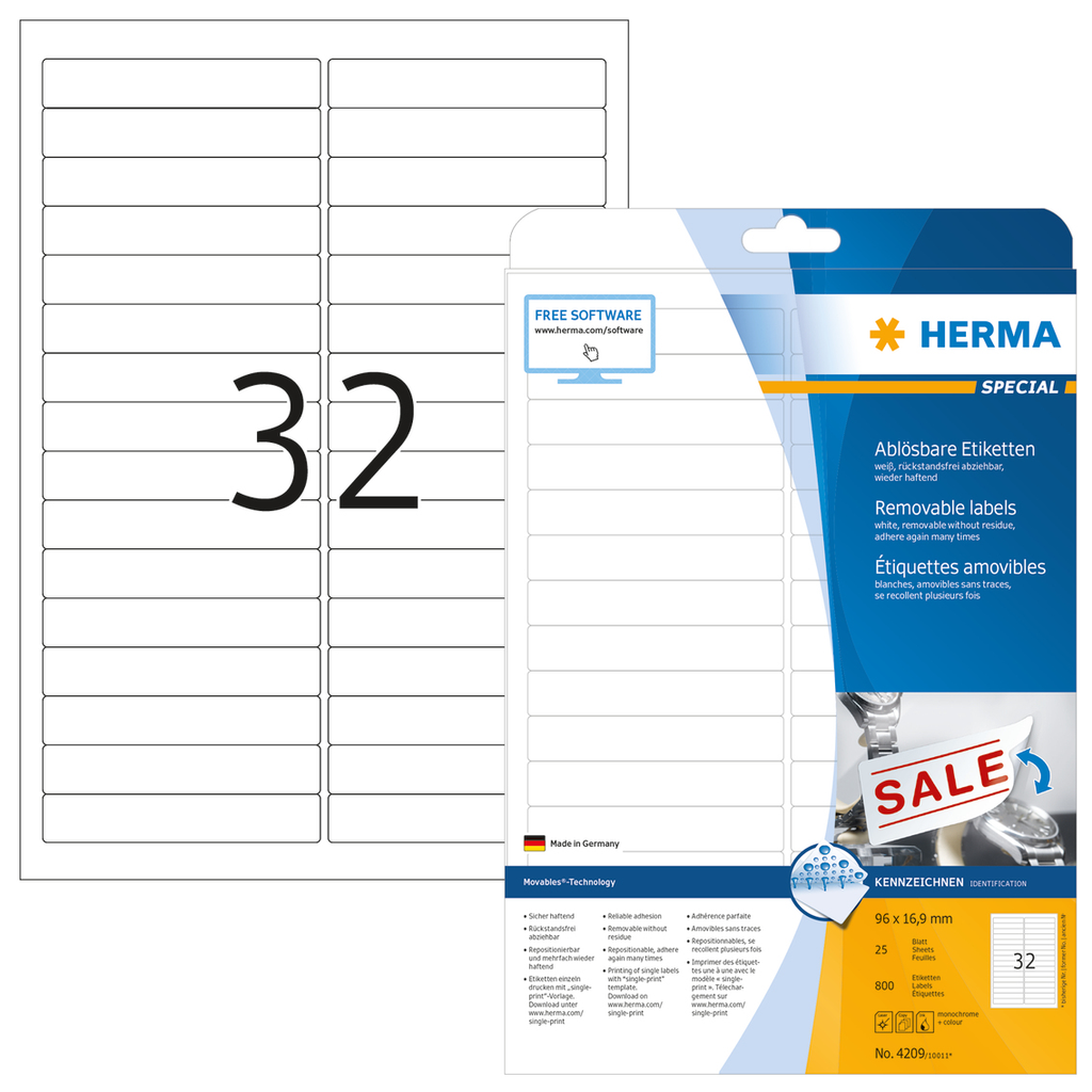 HERMA Ablösbare Etiketten A4 96x16.9 mm weiß Movables/ablösbar Papier matt 800 St. - Weiß - Selbstklebendes Druckeretikett - A4 - Papier - Laser/Inkjet - Entfernbar