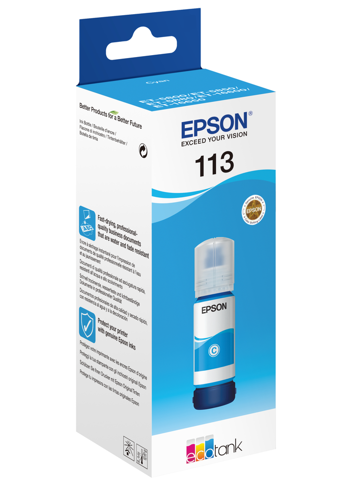 Epson 113 EcoTank Pigment Cyan ink bottle - Cyan - Epson - Ecotank ET-5880 - EcoTank ET-5850 - EcoTank ET-5800 - EcoTank ET-16650 - EcoTank ET-16600 - 6000 Seiten - 70 ml - Pigment