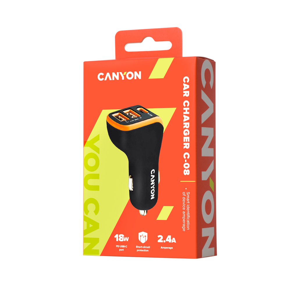 Canyon KFZ-Ladegerät 3Port 2xUSB-A USB-C 18W PD black/orange retail