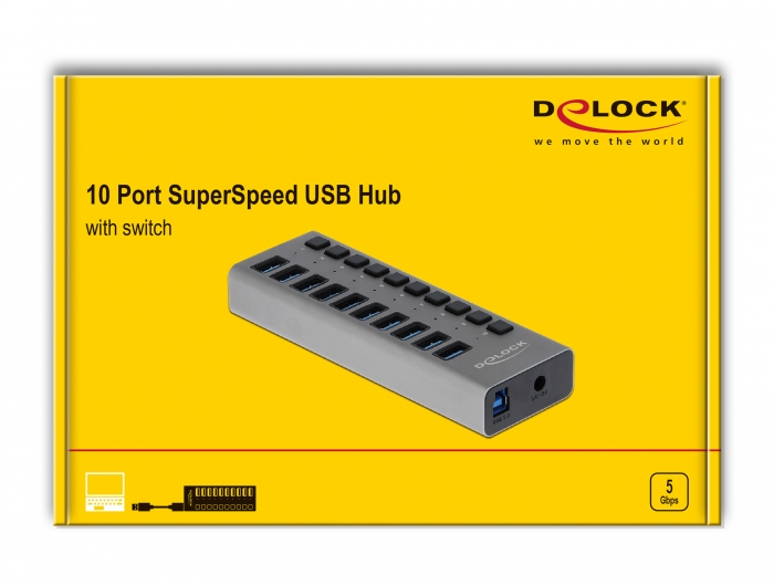 Delock Externer SuperSpeed USB Hub mit 10 Ports+ Schalter 63670