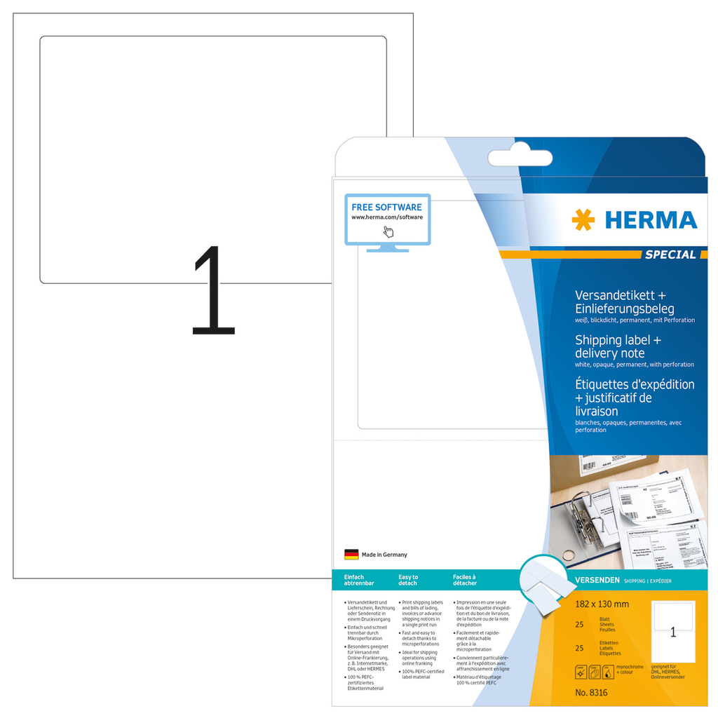 HERMA Versandetikett + Einlieferungsbeleg A4 182x130 mm weiß Papier matt blickdicht 25 St. - Weiß - Papier - Laser/Inkjet - Matte - Dauerhaft - Abgerundetes Rechteck