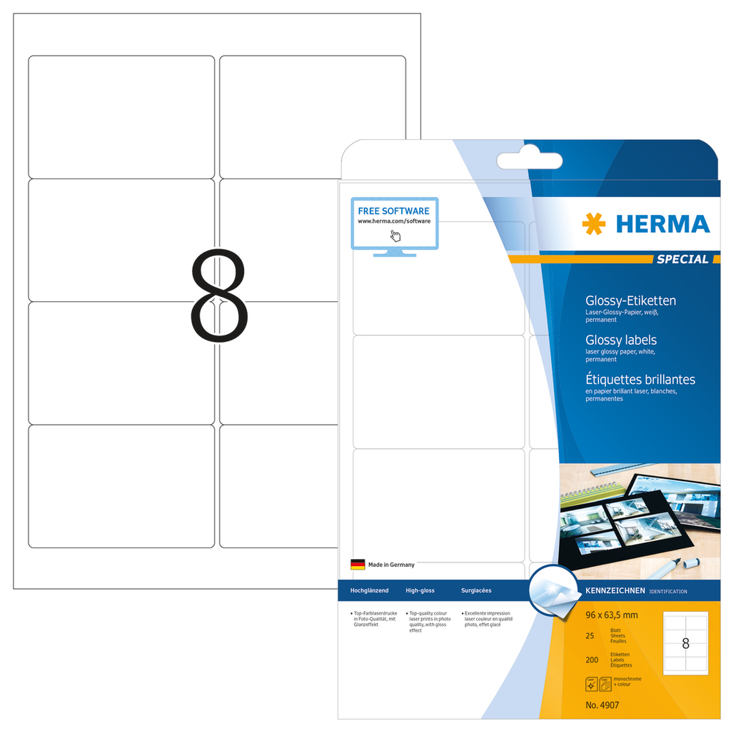 HERMA Etiketten A4 96x63,5 mm weiß Papier glänzend 200 St. - Weiß - Selbstklebendes Druckeretikett - A4 - Papier - Laser - Dauerhaft