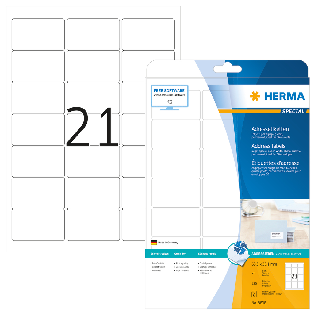 HERMA Inkjet Adressetiketten A4 63.5x38.1 mm weiß Papier matt 525 St. - Weiß - Papier - Tintenstrahl - Matte - Dauerhaft - Abgerundetes Rechteck