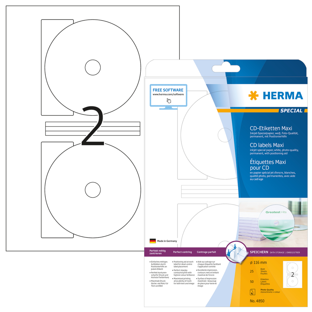 HERMA Inkjet CD-Etiketten Maxi A4 Ø 116 mm weiß Papier matt 50 St. - Weiß - Selbstklebendes Druckeretikett - A4 - Papier - Tintenstrahl - Dauerhaft