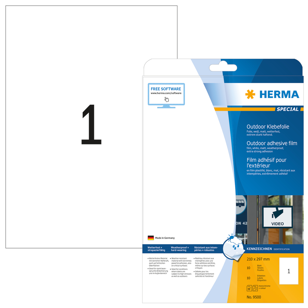 HERMA Etiketten A4 Outdoor Klebefolie 210x297 mm weiß extrem stark haftend Folie matt wetterfest 10 St. - Weiß - Selbstklebendes Druckeretikett - A4 - Polyolefine - Laser - Dauerhaft