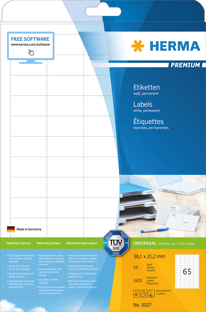 HERMA Etiketten Premium A4 38.1x21.2 mm weiß Papier matt 1625 St. - Weiß - Selbstklebendes Druckeretikett - A4 - Papier - Laser/Inkjet - Dauerhaft