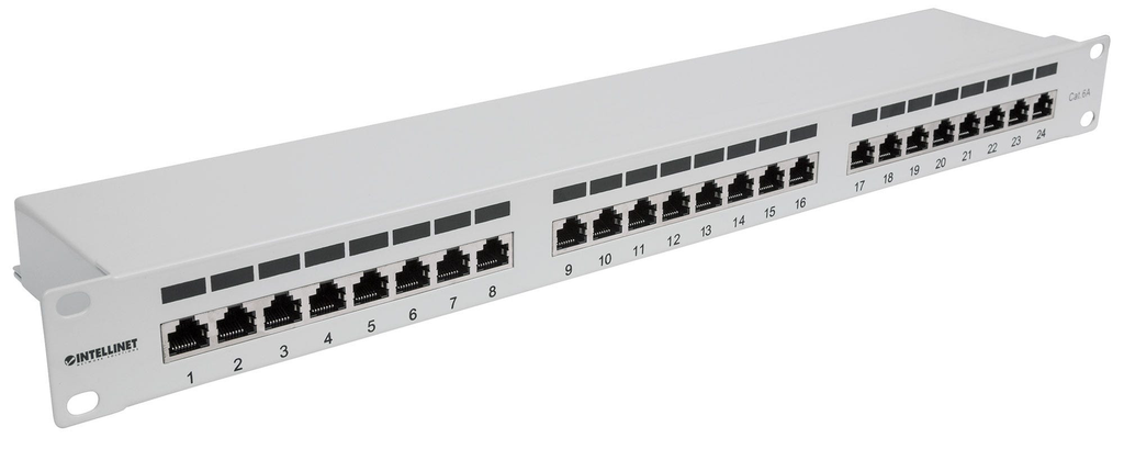 Intellinet 24-Port Cat6a Patchpanel - geschirmt - FTP - 1 HE - Klemmleisten mit 90 Grad abgewinkelten Kabeleinführungen - grau - IEEE 802.3,IEEE 802.3ab,IEEE 802.3u - Gigabit Ethernet - Cat6a - F/UTP (FTP) - 22/24 - Grau