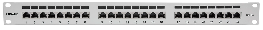 Intellinet 24-Port Cat6a Patchpanel - geschirmt - FTP - 1 HE - Klemmleisten mit 90 Grad abgewinkelten Kabeleinführungen - grau - IEEE 802.3,IEEE 802.3ab,IEEE 802.3u - Gigabit Ethernet - Cat6a - F/UTP (FTP) - 22/24 - Grau