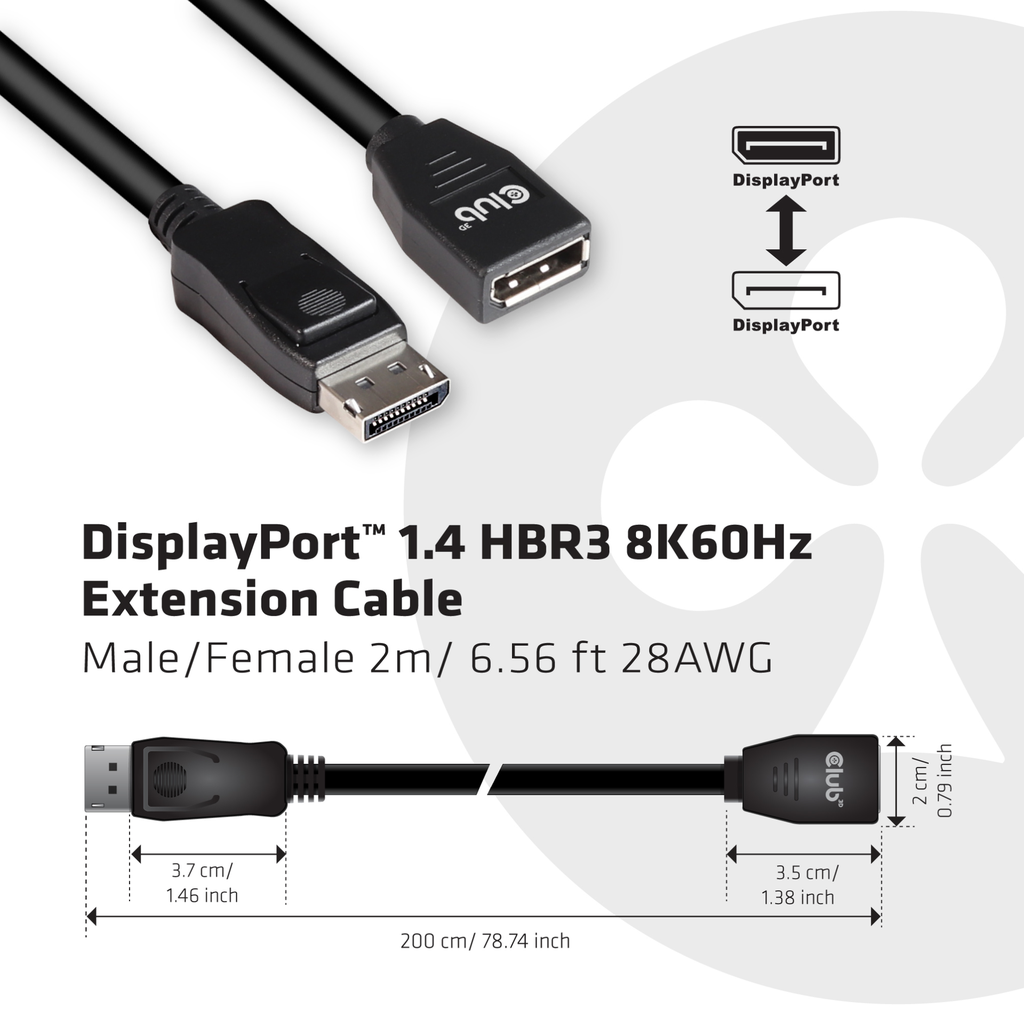 Club 3D DisplayPort 1.4 HBR3 8K60Hz Verlängerungskabel Stecker/Buchse 2m