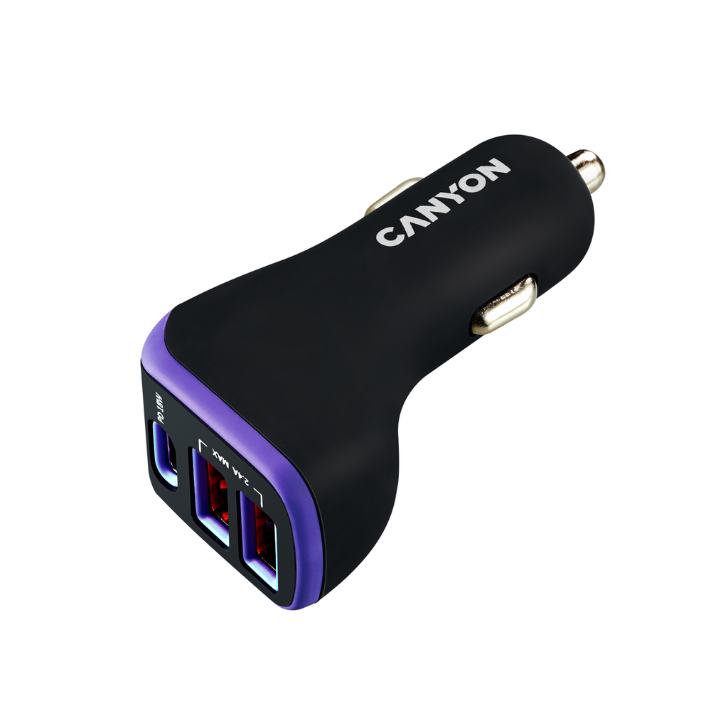 Canyon KFZ-Ladegerät 3Port 2xUSB-A USB-C 18W PD black/purple retail
