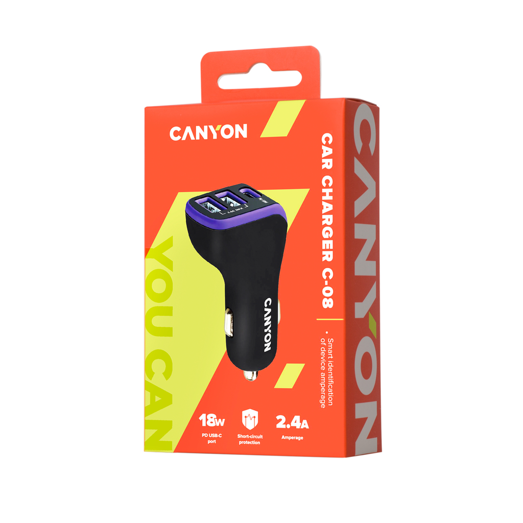 Canyon KFZ-Ladegerät 3Port 2xUSB-A USB-C 18W PD black/purple retail
