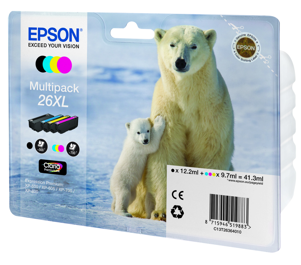 Epson Polar bear Multipack 4 Farben 26XL Claria Premium Ink - Tinte auf Pigmentbasis - Tinte auf Farbstoffbasis - 12,2 ml - 9,7 ml - 1 Stück(e) - Multipack