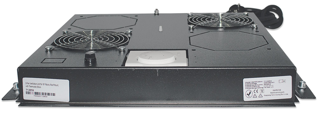 Intellinet 2-Fan Ventilation Unit for 19" Racks - Roof Mount - with Thermostat - Black (with Euro 2-pin plug) - Fan tray - Black - Steel - 2 fan(s) - 195.4 m³/h - AC