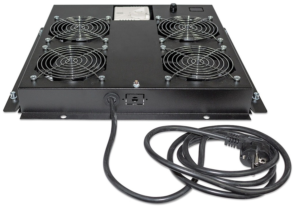 Intellinet 4-Fan Ventilation Unit for 19" Racks - Roof Mount - with Thermostat - Black (with Euro 2-pin plug) - Fan tray - Black - Steel - 4 fan(s) - 195.4 m³/h - AC