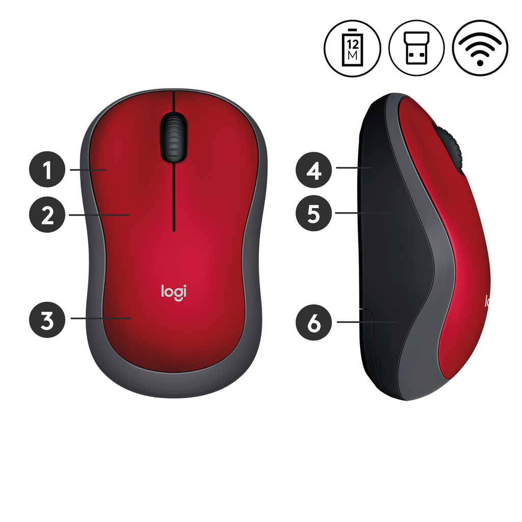 Logitech M185 - Beidhändig - Optisch - RF Wireless - 1000 DPI - Schwarz - Rot