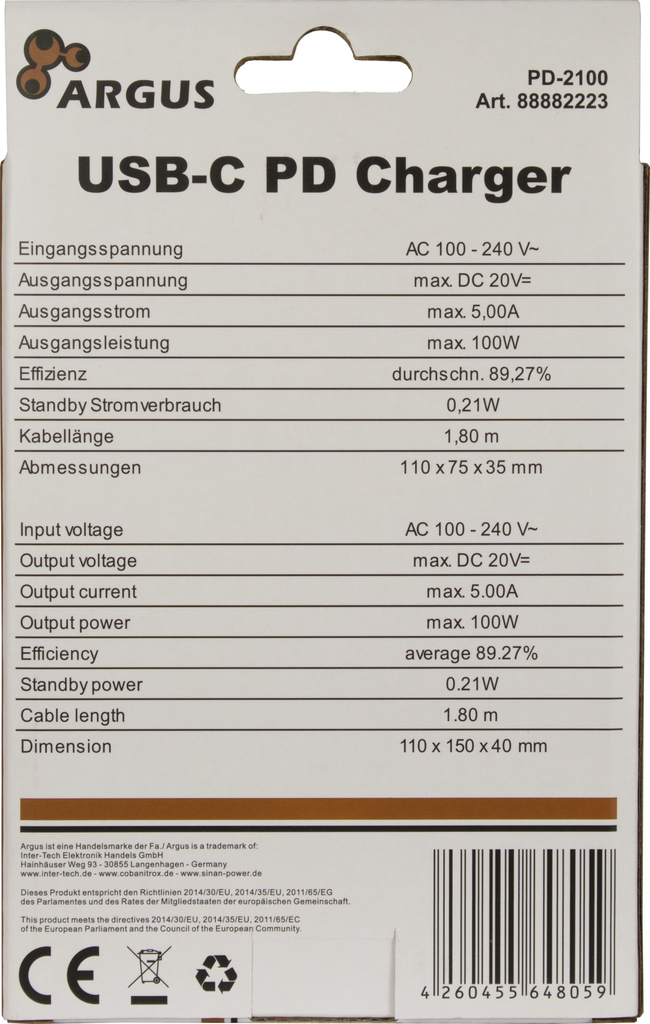 Inter-Tech Argus PD-2100 USB Typ-C PD Ladegerät 100W - USB Typ C