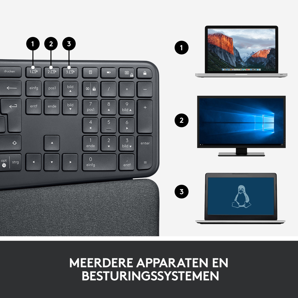 Logitech Ergo K860 - Standard - RF Wireless + Bluetooth - Halbmechanischer Schlüsselschalter - Schwarz