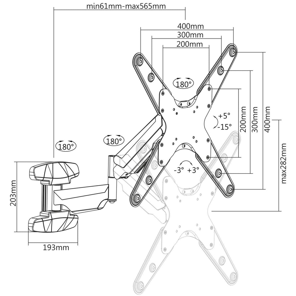 Manhattan Universal TV-Wandhalterung mit Gasdruckfeder - Halterungsarm mit Gasdruckfeder und Kugelgelenk - geeignet für ein Display von 21" bis 60" und bis zu 30 kg - 30 kg - 53,3 cm (21 Zoll) - 152,4 cm (60 Zoll) - 75 x 75 mm - 400 x 400 mm - Schwarz