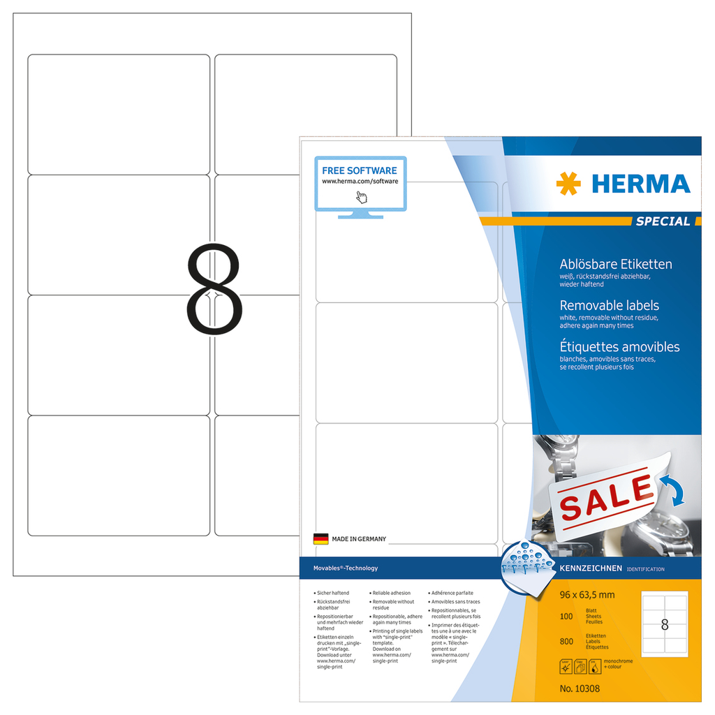 HERMA Ablösbare Etiketten A4 96x63.5 mm weiß Movables/ablösbar Papier matt 800 St. - Weiß - Abgerundetes Rechteck - Entfernbar - Papier - Matte - Laser/Inkjet