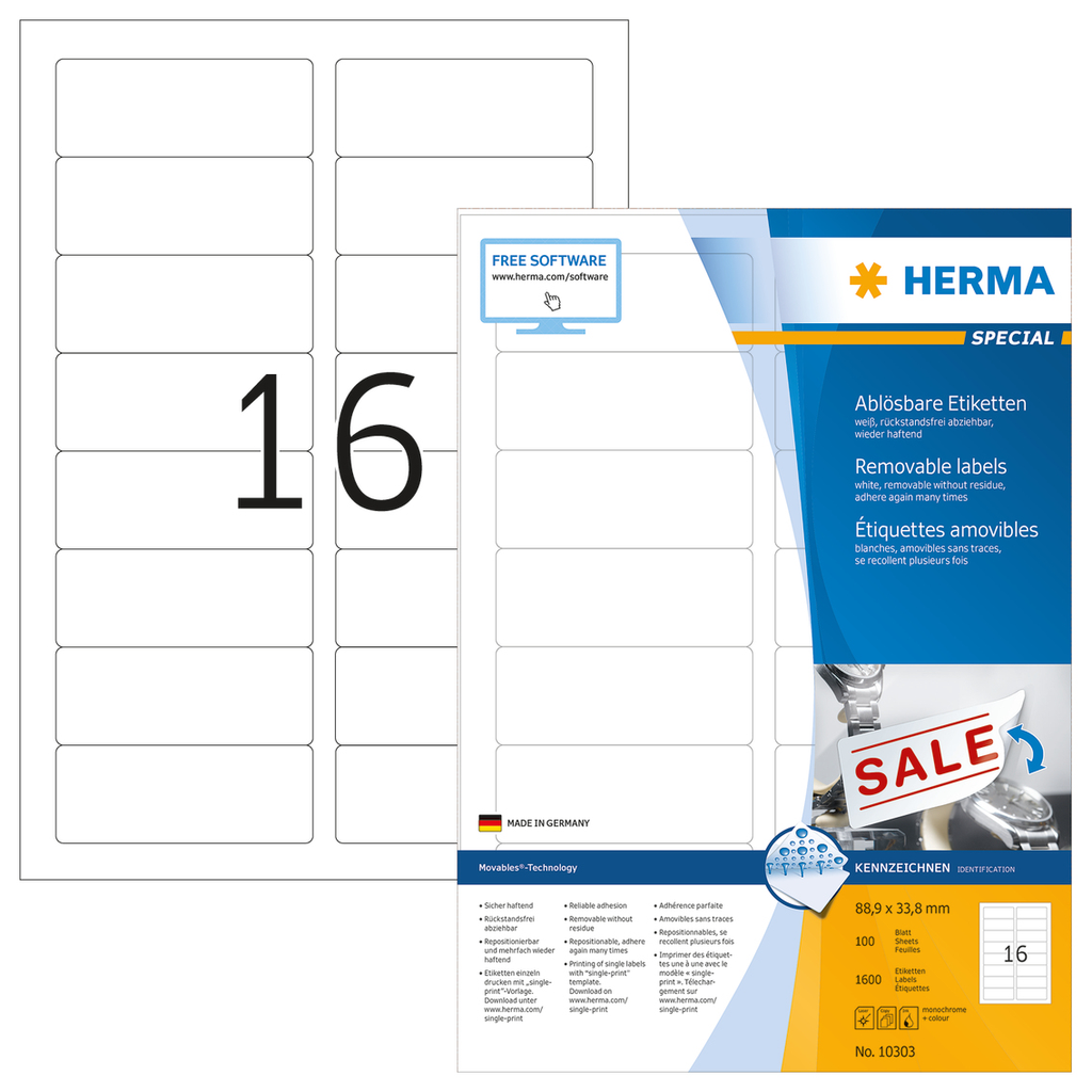 HERMA Ablösbare Etiketten A4 88.9x33.8 mm weiß Movables/ablösbar Papier matt 1600 St. - Weiß - Abgerundetes Rechteck - Entfernbar - Papier - Matte - Laser/Inkjet