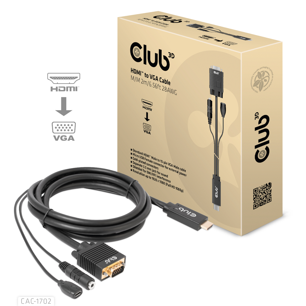 Club 3D HDMI TO VGA CABLE M/M 2m 28AWG - Kabel - Digital/Display/Video