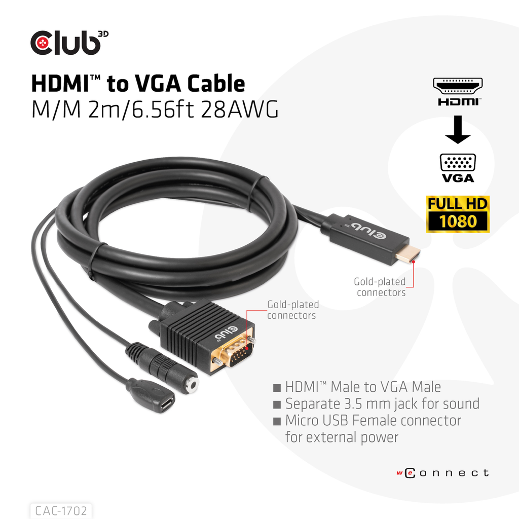 Club 3D HDMI TO VGA CABLE M/M 2m 28AWG - Kabel - Digital/Display/Video