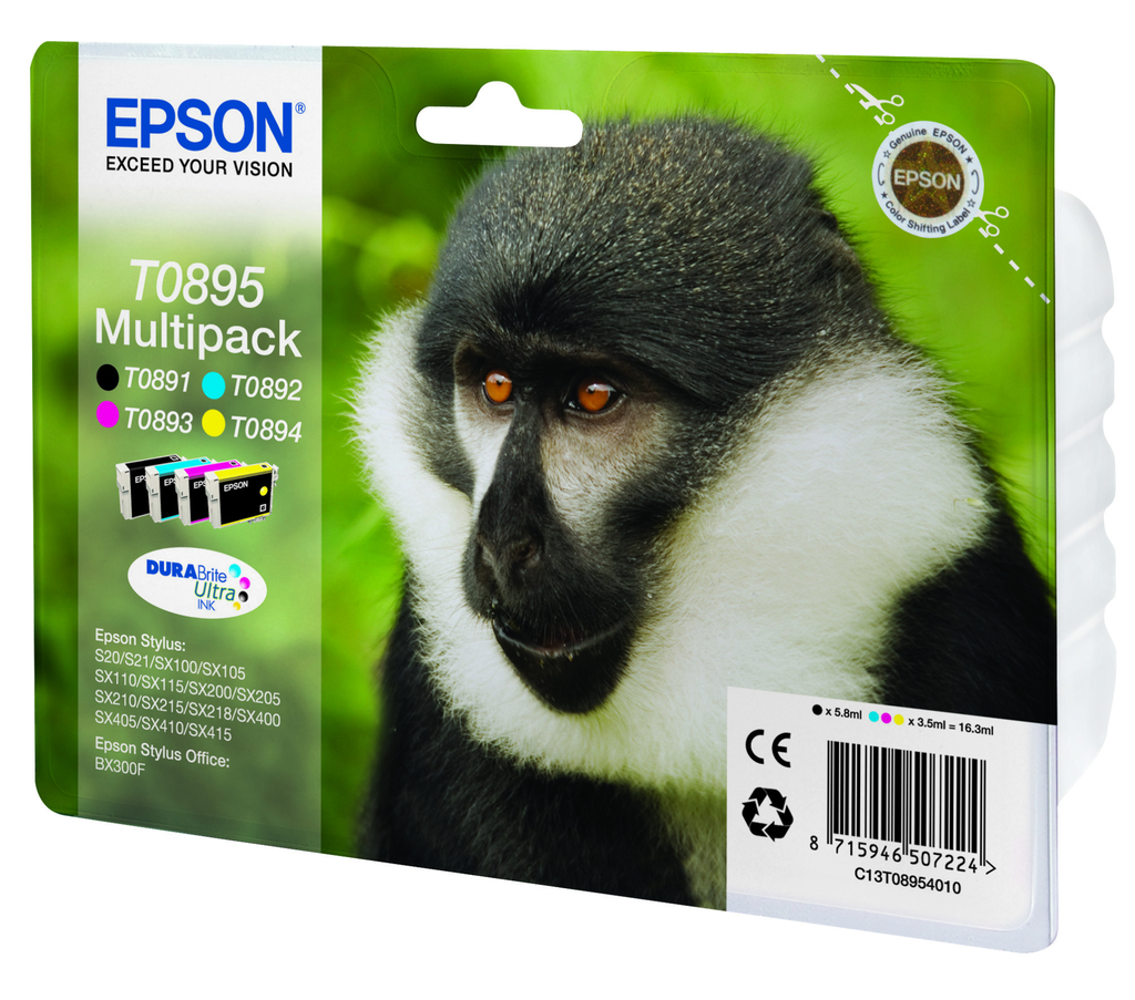 Epson Monkey Multipack 4 Farben T0895 - DURABrite Ultra Ink - Original - Tinte auf Pigmentbasis - Schwarz - Cyan - Magenta - Gelb - Epson - Multipack - - Epson Stylus SX415 - Epson Stylus SX410 - Epson Stylus SX405WiFi - Epson Stylus SX405/SX400 -...