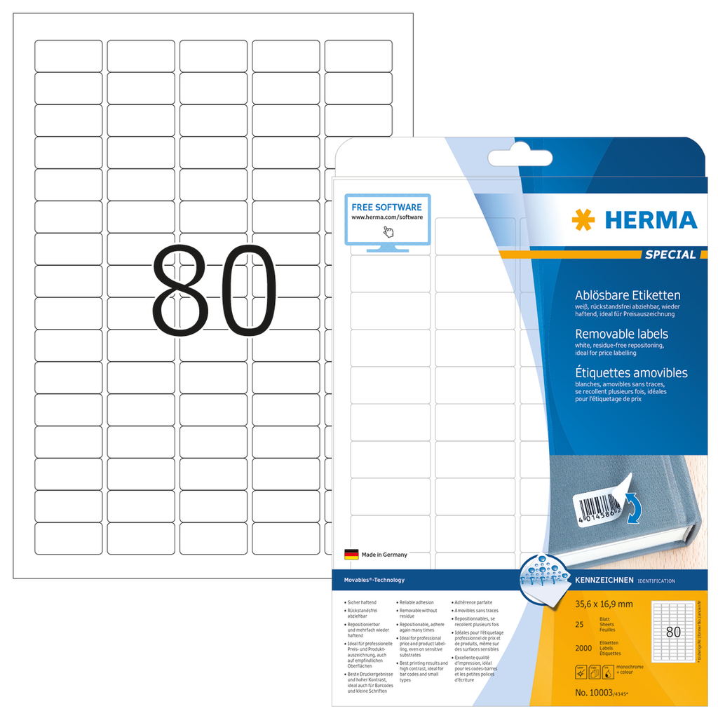 HERMA Ablösbare Etiketten A4 35.6x16.9 mm weiß Movables/ablösbar Papier matt 2000 St. - Weiß - Selbstklebendes Druckeretikett - A4 - Papier - Laser/Inkjet - Entfernbar