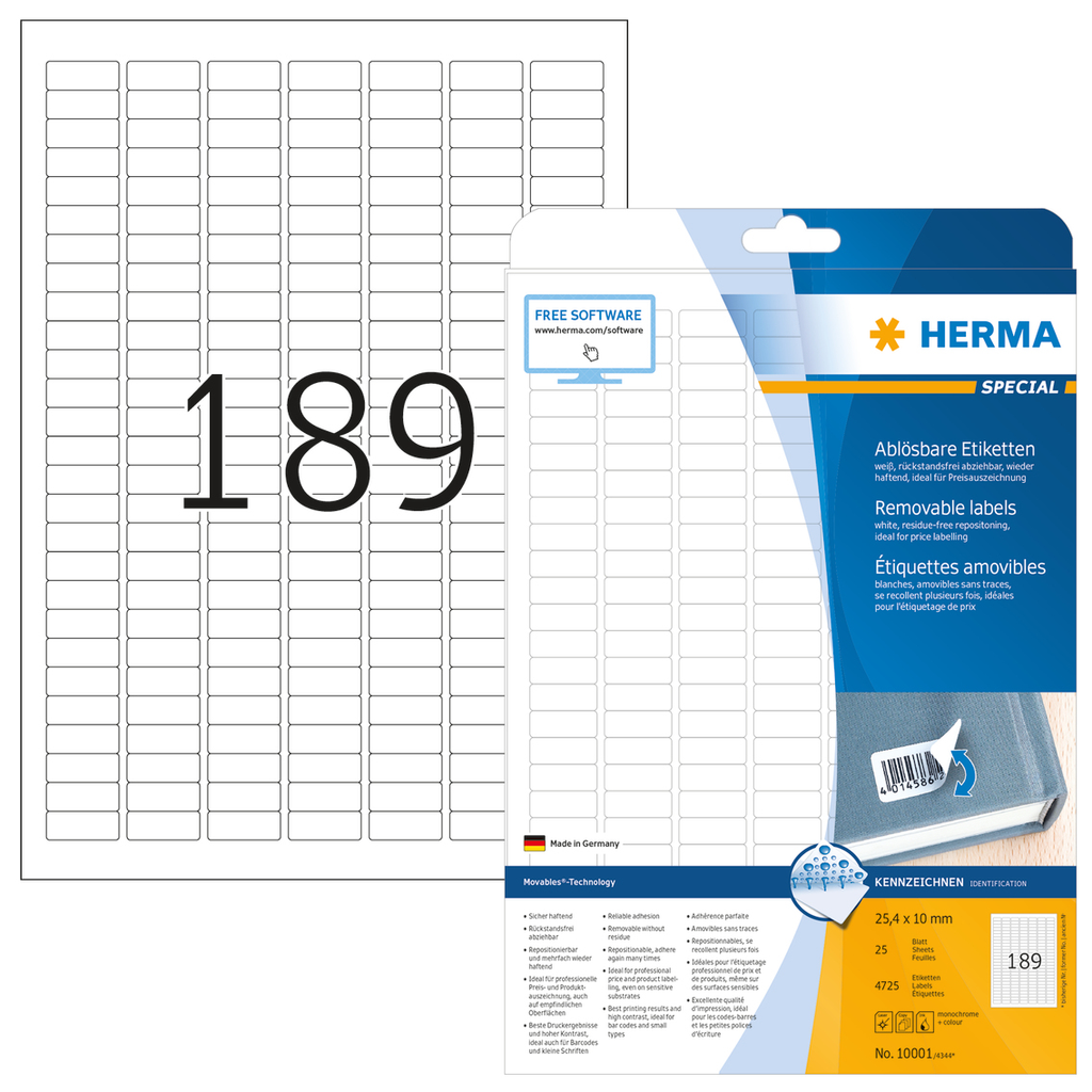 HERMA Ablösbare Etiketten A4 25.4x10 mm weiß Movables/ablösbar Papier matt 4725 St. - Weiß - Selbstklebendes Druckeretikett - A4 - Papier - Laser/Inkjet - Entfernbar