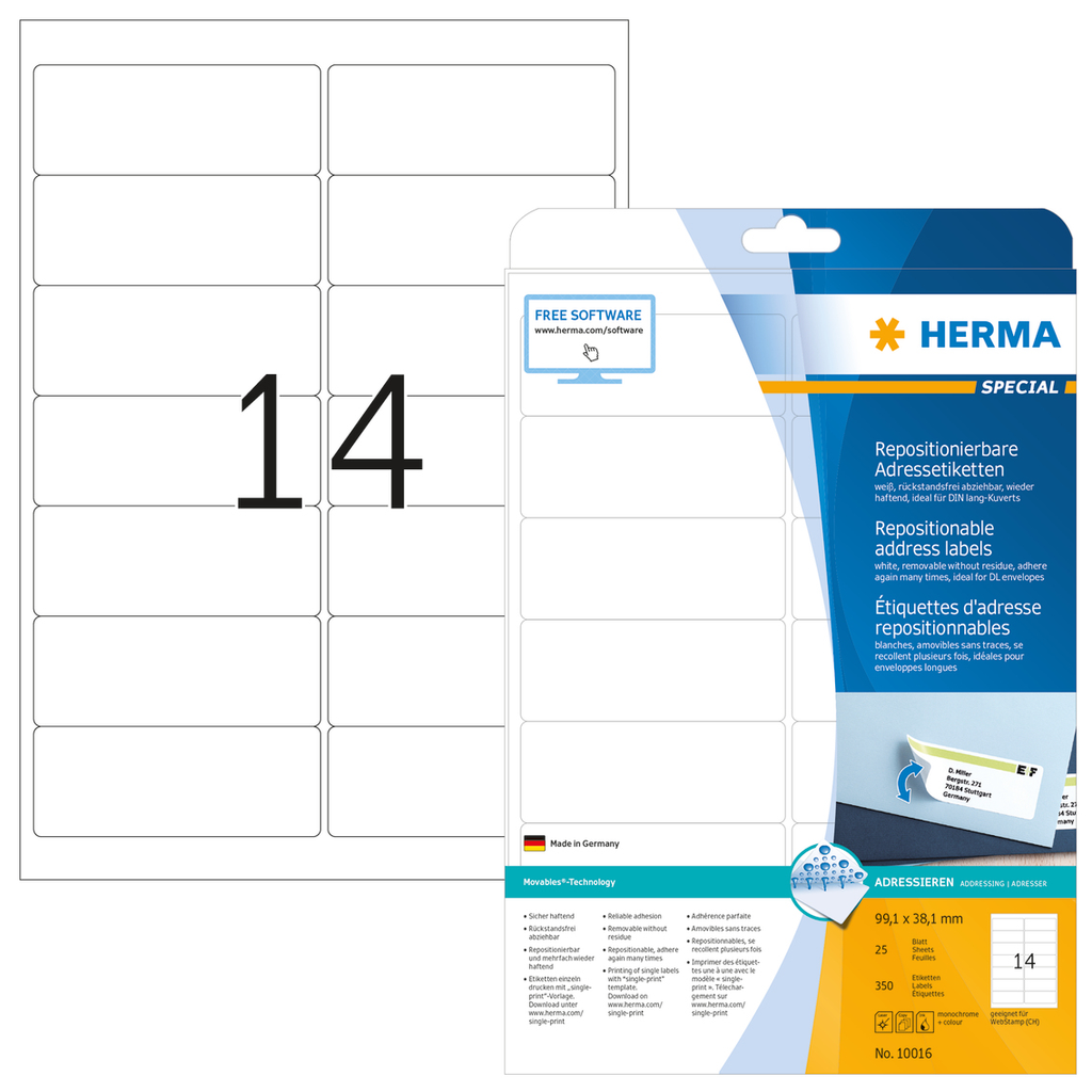 HERMA Repositionierbare Adressetiketten A4 99.1x38.1 mm weiß Movables Papier matt 350 St. - Weiß - Papier - Laser/Inkjet - Matte - Entfernbar - Abgerundetes Rechteck