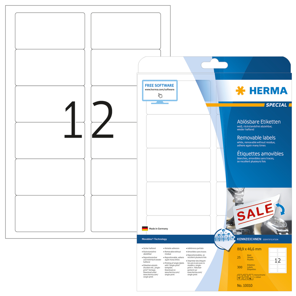 HERMA Ablösbare Etiketten A4 88.9x46.6 mm weiß Movables/ablösbar Papier matt 300 St. - Weiß - Selbstklebendes Druckeretikett - A4 - Papier - Laser/Inkjet - Entfernbar