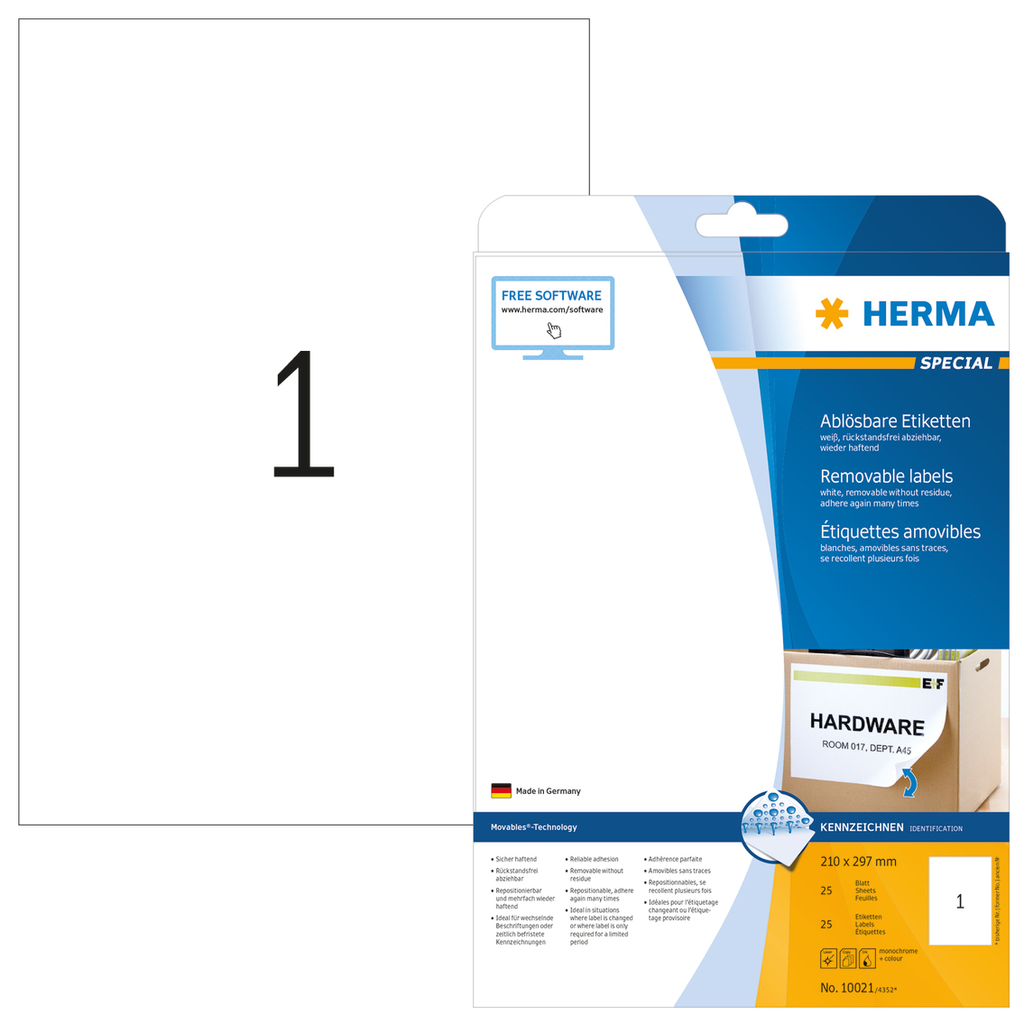 HERMA Ablösbare Etiketten A4 210x297 mm weiß Movables/ablösbar Papier matt 25 St. - Weiß - Selbstklebendes Druckeretikett - A4 - Papier - Laser/Inkjet - Entfernbar