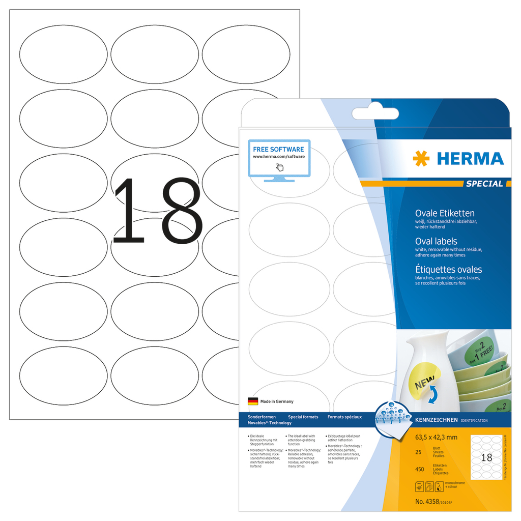 HERMA Ablösbare Etiketten A4 63.5x42.3 mm weiß oval Movables/ablösbar Papier matt 450 St. - Weiß - Selbstklebendes Druckeretikett - A4 - Papier - Laser/Inkjet - Entfernbar