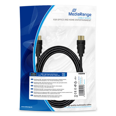 MEDIARANGE HDMI High Speed with Ethernet connection cable - gold-plated contacts - 18 Gbit/s data transfer rate - 3.0m - cotton - black - 3 m - HDMI Type A (Standard) - HDMI Type A (Standard) - 18 Gbit/s - Black