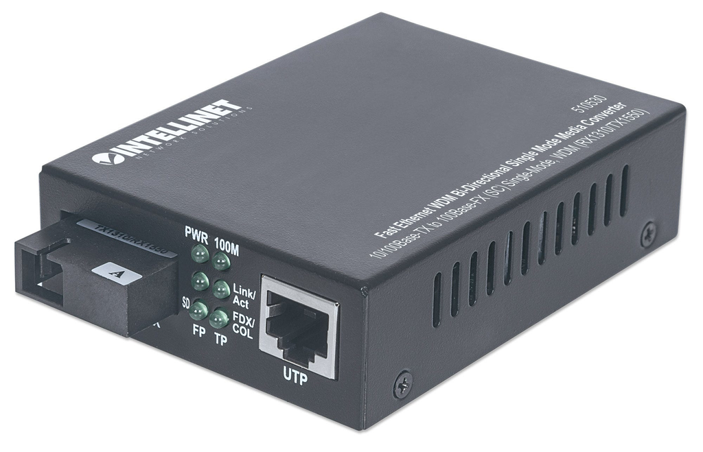 Intellinet Fast Ethernet WDM Bi-Directional Single Mode Media Converter - 10/100Base-Tx to 100Base-Fx (SC) Single-Mode - 20 km (12.4 mi.) - WDM (Rx1310/Tx1550) (Euro 2-pin plug) - 100 Mbit/s - 10Base-T,100Base-TX - 100Base-FX - IEEE 802.3,IEEE 802.3u - Fast Ethernet