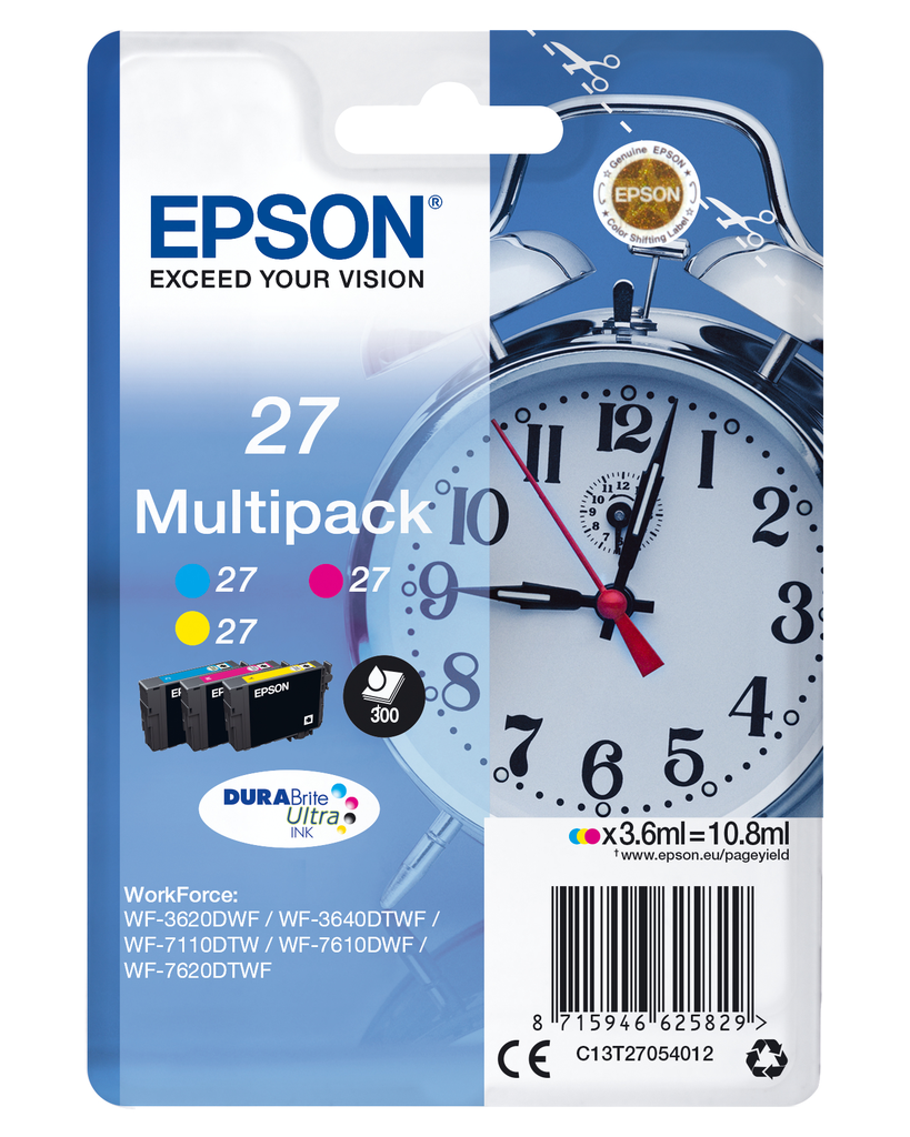 Epson Alarm clock Multipack 3-colour 27 DURABrite Ultra Ink - Standardertrag - Tinte auf Pigmentbasis - 3,6 ml - 300 Seiten - 3 Stück(e) - Multipack