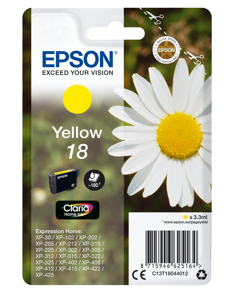 Epson Daisy Singlepack Yellow 18 Claria Home Ink - Standard Yield - Pigment-based ink - 3.3 ml - 180 pages - 1 pc(s)