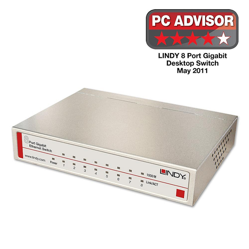 [1296950000] Lindy Network Switch - Gigabit - Desktop - 8 Port - 10/100/1000 - Managed - Power over Ethernet (PoE)