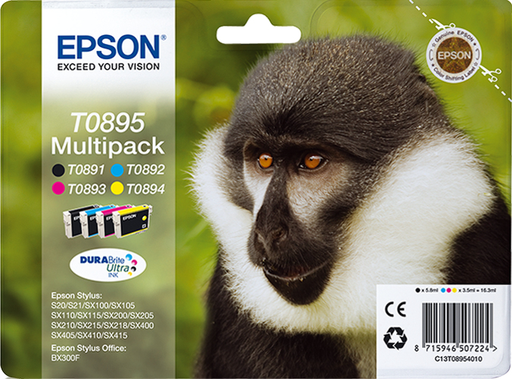 [2092569000] Epson Monkey Multipack 4 Farben T0895 - DURABrite Ultra Ink - Original - Tinte auf Pigmentbasis - Schwarz - Cyan - Magenta - Gelb - Epson - Multipack - - Epson Stylus SX415 - Epson Stylus SX410 - Epson Stylus SX405WiFi - Epson Stylus SX405/SX400 -...