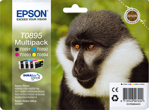 [2092569000] Epson Monkey Multipack 4-colours T0895 DURABrite Ultra Ink - Original - Pigment-based ink - Black - Cyan - Magenta - Yellow - Epson - Multi pack - - Epson Stylus SX415 - Epson Stylus SX410 - Epson Stylus SX405WiFi - Epson Stylus SX405/SX400 -...