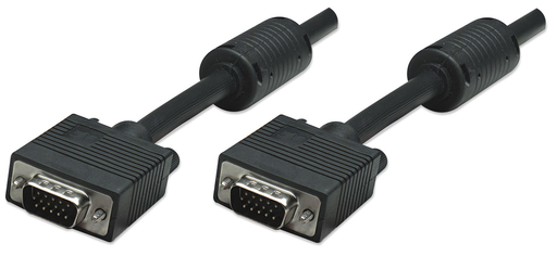 Manhattan SVGA Monitor Cable with Ferrite Cores - HD15 - 15m,Male to Male - Compatible with VGA - Shielded with Ferrite Cores to help minimise EMI interference for improved video transmission - Black - Lifetime Warranty - Polybag - 15 m - VGA (D-Sub) - VGA (D-Sub) 