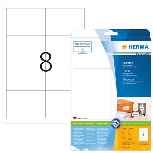 HERMA Labels Premium A4 97x67.7 mm white paper matt 200 pcs. - White - Self-adhesive printer label - A4 - Paper - Laser/Inkjet - Permanent