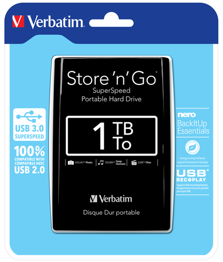 Verbatim Store 'n' Go USB 3.0 Portable Hard Drive 1TB Black - 1000 GB - 2.5" - 5400 RPM - Black