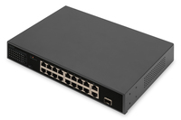 DIGITUS 16-Port Fast Ethernet PoE Netzwerkswitch, 19 Zoll, unmanaged, 2+1 Uplink Ports, RJ45 + SFP, 185 W, af/at